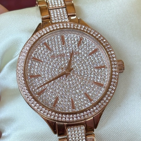 Michael Kors Pave Crystal Rose Gold Tone Watch Slim Runway Sparky Mid-Sized main image 8